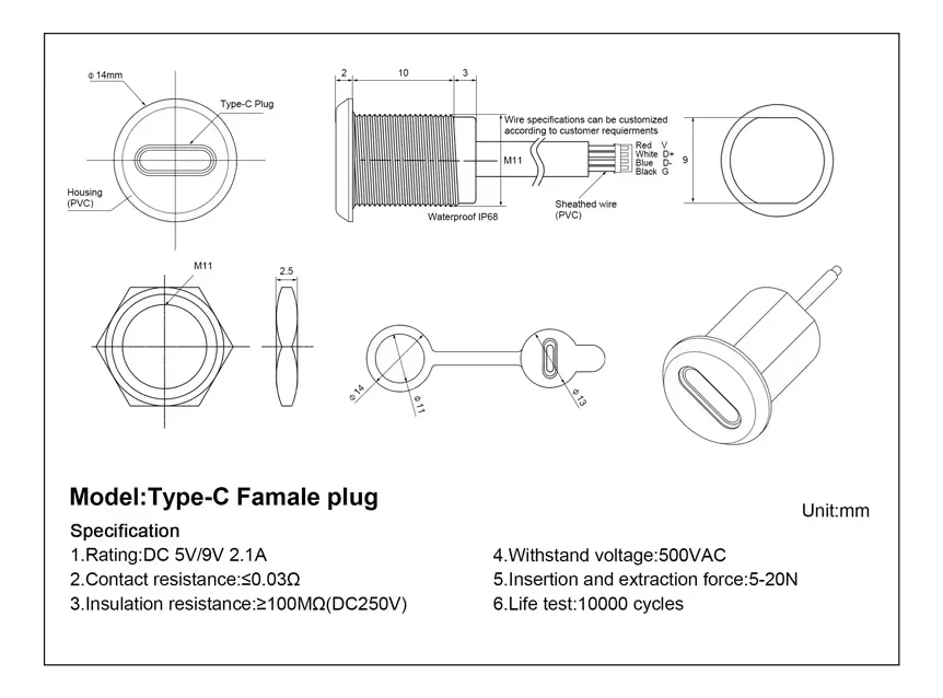 Conector Usb Tipo C Hembra Para Empotrar Con Cable - Imagen 3